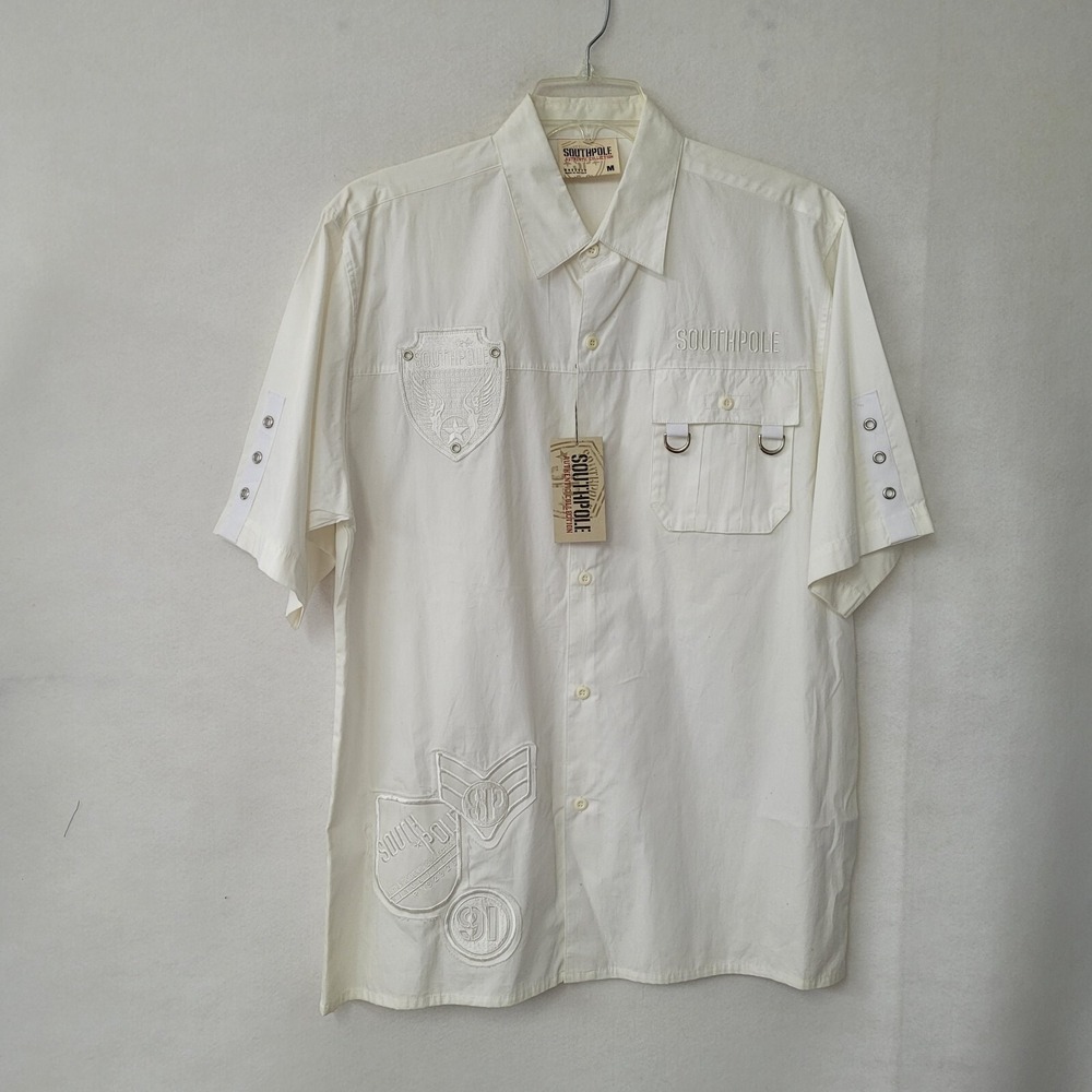 Southpole Shirt Mens Medium White‎ Short Sleeve Button Up Embroidered Deadstock